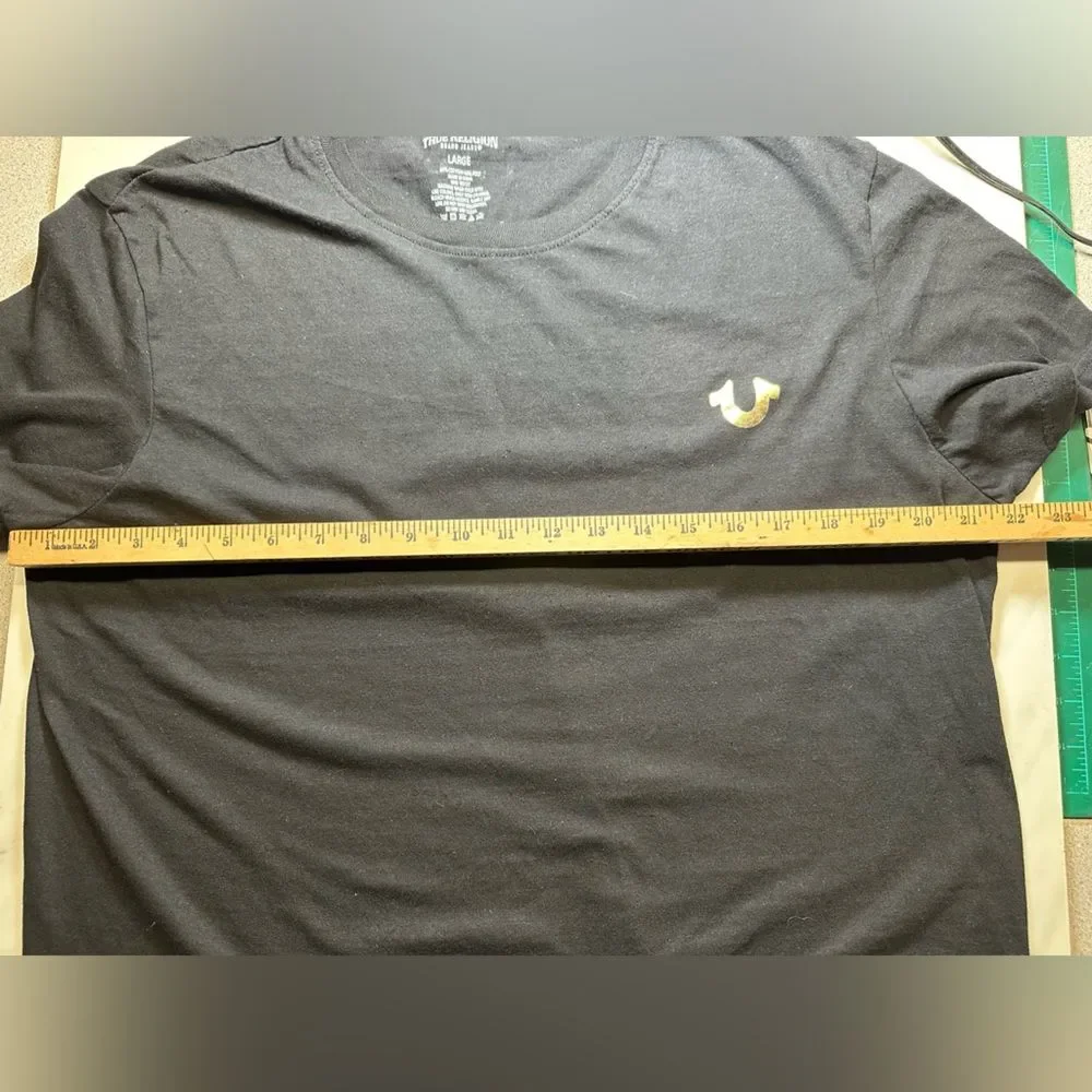 True Religion T-Shirt Gold Horseshoe Logo Black Short Sleeve Tee, Men's Large